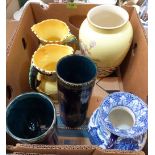 Two Rubens Ware cylinder vases, two Burleigh Ware jugs, a Wedgwood vase and a blue and white Cauldon