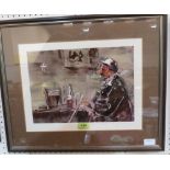 20TH CENTURY SCHOOL Old man in cafe interior. Indistinctly signed. Mixed media 10' x 13½'