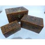 A set of 3 carved camphorwood boxes within boxes, the larger 12' wide