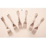 Six William IV silver fiddle pattern forks. London 1834. 9ozs