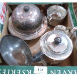 A plated three piece tea service, a muffin dish, stand and cover and a Danish navette pewter bowl