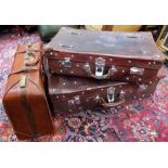 Three leather suitcases, the larger 30' wide