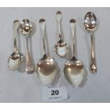 A pair of silver jam spoons and four various silver teaspoons. 2ozs 18dwts