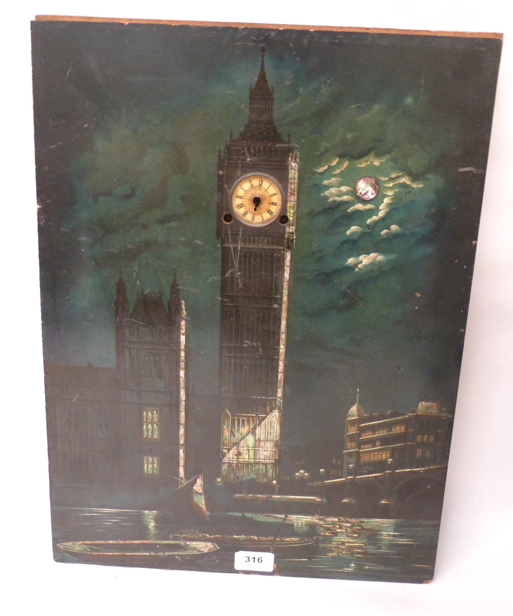 A 19th century view of Westminster with clock dial and musical movement. Oil and mother-of-pearl