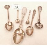 A silver teaspoon; two silver coffee spoons; a salt spoon and two mustard spoons. 2ozs