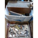 A box of early 20th century puzzles, micrometer and sundries