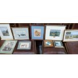 Seven various watercolour drawings and two small oils. Framed