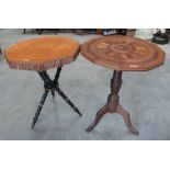 A Victorian ebonised and parcel gilt gypsy table and a Victorian oak marquetry tripod table