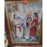 A Victorian woolwork tapestry. Religious figure scene. Oak framed. 19' x 14'