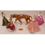 A Beswick tiger; a Royal Doulton figure, Top O' The Hill HN3499 and two Coalport lady figures