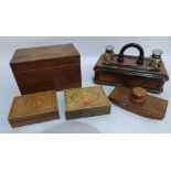 A 19th century inkstand, caddy box, blotter and two small marquetry boxes