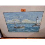 BRITISH SCHOOL 20TH CENTURY Trawler approaching a harbour. Signed initials R.J.F. Watercolour 9½'