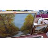 Two oil paintings; G.Bayley, lane scene with cottage 9' x 12'; I.H.P. Autumnal woodland scene c.