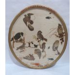 An embroidered picture of birds, ' Who Killed Cock-Robin?' 18' x 16' oval. Glass cracked