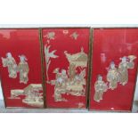 A set of three Japanese silkwork and gilt thread embroidered pictures, figure scenes on a red