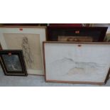 A framed pencil drawing - female life study; a pencil landscape drawing; a 19th century coloured