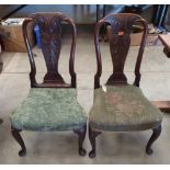 A pair of Queen Anne mahogany side chairs with acanthus carved lyre splats on moulded cabriole legs