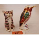 A Royal Crown Derby bird and cat, painted in coloured enamels and gilded. Gold stoppers