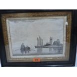 18th CENTURY ANGLO-DUTCH SCHOOL Lake scene with figures in a boat and island with a tower. Signed