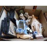 A box of ceramics, Oriental prints etc.