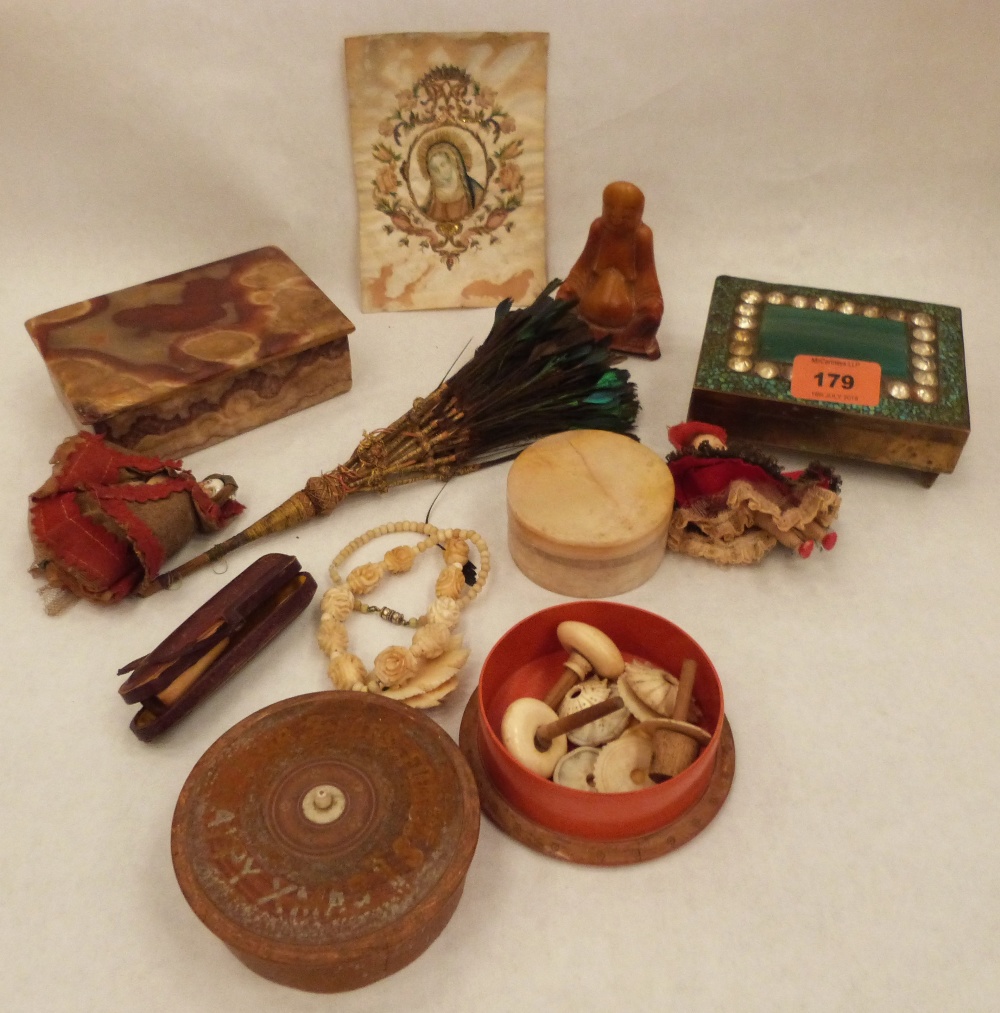 A brass and paste set box, carved ivory and bone, a small Russian embroidery, onyx box and other