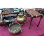 A copper coal scuttle, two brass vessels, a bell and an oak barleytwist stool (A.F.)