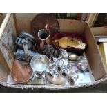 A box of metalware and sundries