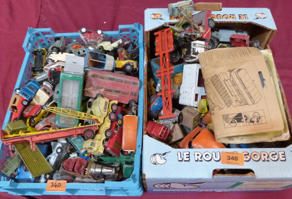 Two boxes of playworn diecast vehicles