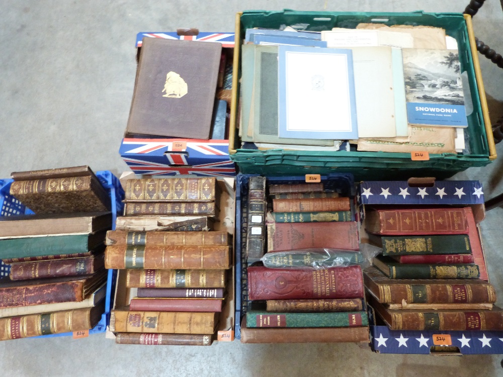 Five boxes of leather bindings and other books and a box of auction catalogues etc.