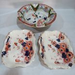 A Masons Ironstone fruit bowl 14' diam and two Masons rectilinear dishes