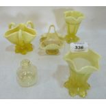 A Victorian vaseline glass epergne basket and four other items of vaseline glass