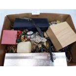 A box of costume jewellery and watches