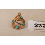 A Victorian gold buckle brooch set with four turquoise. Inscribed and dated verso. 2.3g gross