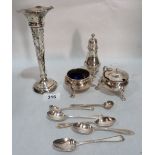 A silver pepperette, mustard pot, salt, bud vase and six spoons, 10ozs 12dwts weighable