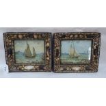 A pair of Edwardian marine lithographs depicting boats near the coast, within frames applied with