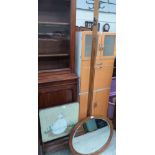 An oak coatstand, firescreen and an oak framed mirror