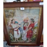 A Victorian woolwork tapestry. Religious figure scene. Oak framed. 19' x 14'