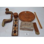 A treen and brass mounted brace, burrwood dish and pot, inlaid box etc.