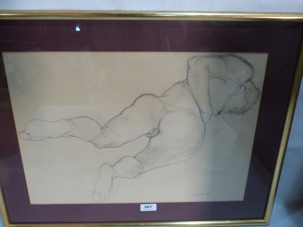 BRITISH SCHOOL 20TH CENTURY Male nude study. Indistinctly signed and dated '72. Pencil 14' x 20'