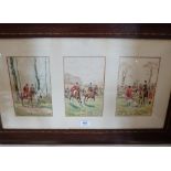 E. BARTLETT. BRITISH 20TH CENTURY Three hunting scenes, mounted in an oak frame. Signed.