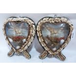 A pair of Edwardian shell-work souvenir dioramas, of heart form, with marine lithographs in colours,