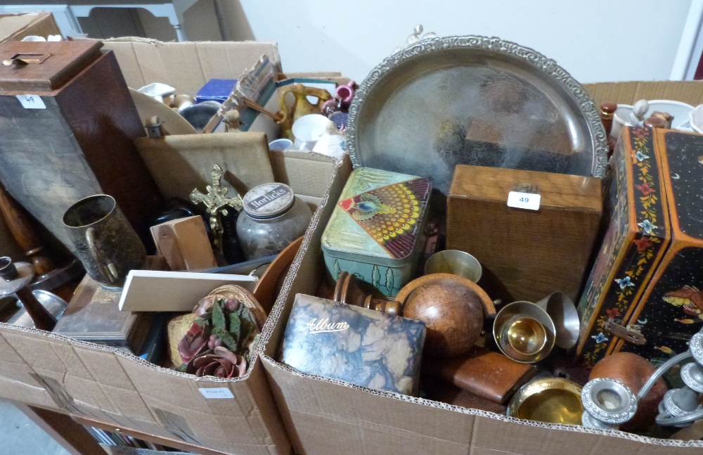 Two boxes of sundry wood and metalware