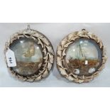 A pair of Edwardian shell-work souvenir dioramas, each with a marine lithograph in colours,