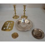 A pair of brass petal based candlesticks; WMF planished dish, brass pocket calendar and other