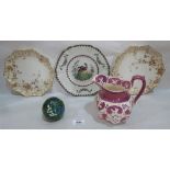 A Wedgwood pink lustre jug; a glass paperweight; a Copeland Spode 'Vienna' plate and a pair of