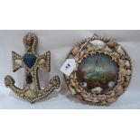 An Edwardian shell-work souvenir diorama with a marine lithograph in colours, mounted with shells