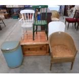 A pine low table, two painted chairs and three loom items