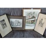 Three framed engravings and a signed print after Gillian Burrows