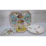 A Dresden Tray painted in coloured enamels and gilded; a Meissen cup and saucer; a small continental