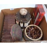 Lace making. A collection of treen bobbins, thread reel stand, crocodile skin box of related
